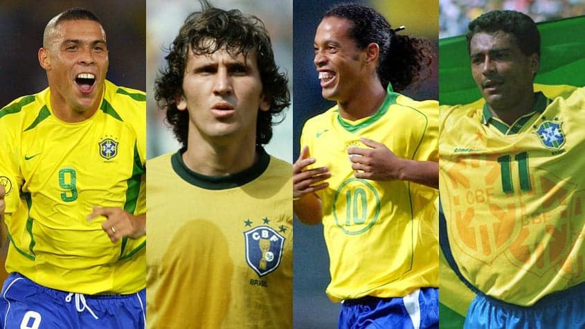 Montagem Ronaldo Fenômeno, Zico, Ronaldinho Gaúcho e Romário (todos com a camisa da Seleção Brasileira)