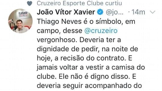 O tweet gerou repercussão pelo comentário de João Vitor e pela conta oficial da Raposa "concordar" com a postagem