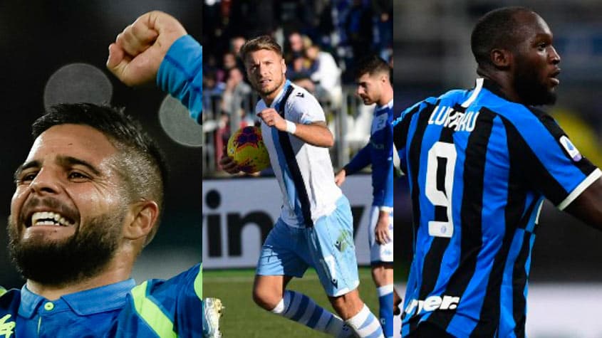 Montagem Insigne (Napoli), Immobile (Lazio) e Lukaku (Inter de Milão)