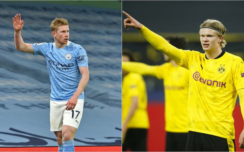 Montagem - De Bruyne (Manchester City) e Haaland (Borussia Dortmund)