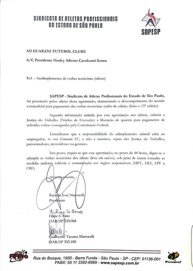 Documento enviado pelo Sindicato ao Guarani (Foto: Divulgação)