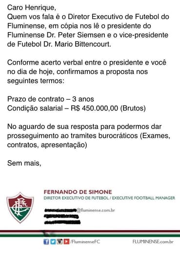 Proposta do Fluminense enviada para o zagueiro Henrique e obtida pelo LANCE! (Foto: Reprodução)