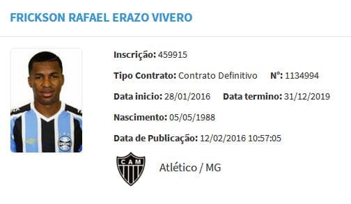 Erazo teve contrato registrado com o Galo até 2019 (Foto: Reprodução)