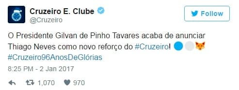 Thiago Neves twitter Cruzeiro (Foto: Reprodução / Twitter)