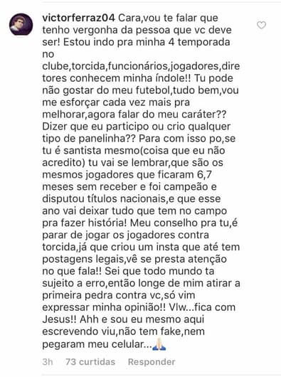 Victor Ferraz respondendo um torcedor no Instagram