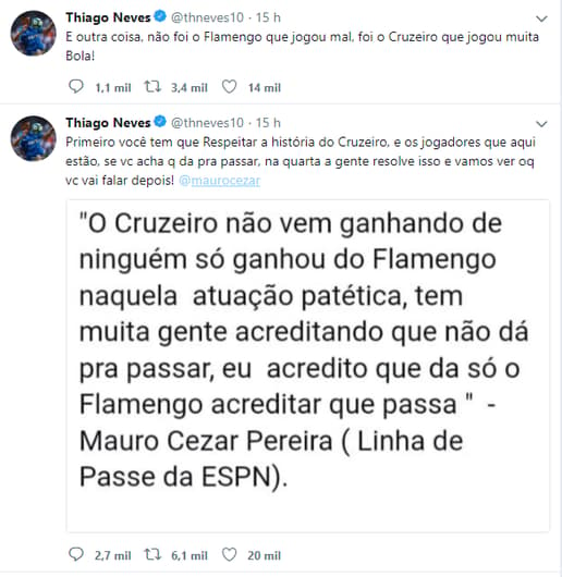 Troca de tweets entre o perfil de Nves e o  falso de Mauro