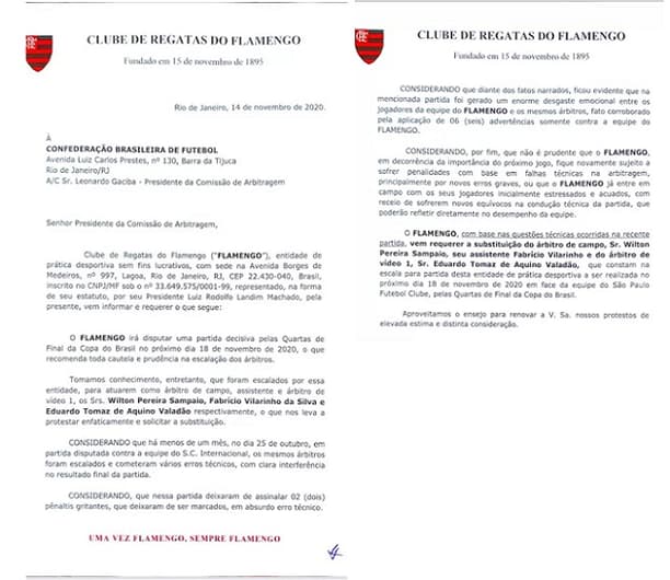 Petição Flamengo - troca de arbitragem