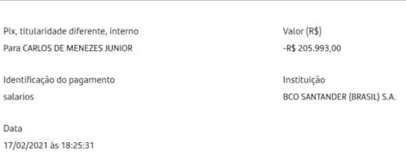 Comprovante de pagamento postado na nota do Cruzeiro