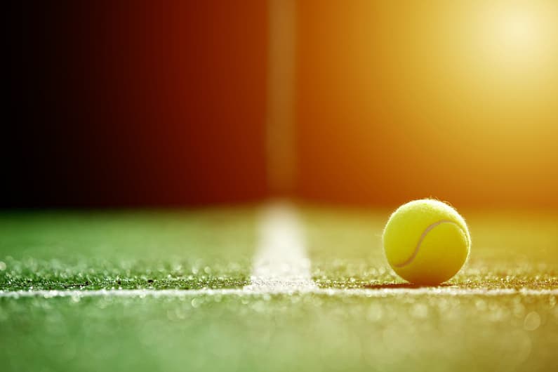 soft focus of tennis ball on tennis grass court with sunlight