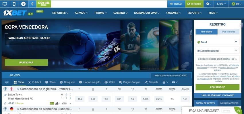 Reprodução do site 1xbet Brasil