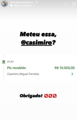 Casimiro Miguel faz pix de 10 mil reais para a Força Jovem