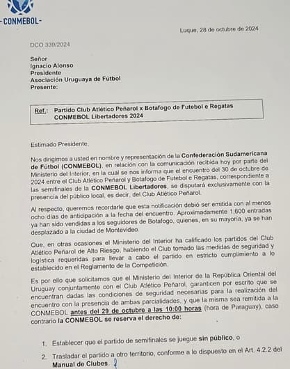 A carta que a Conmebol enviou à Associação Uruguaia de Futebol - AUF (Foto: Reprodução)