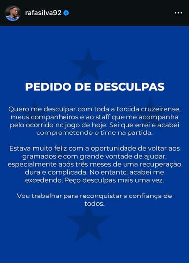 Rafa Silva, atacante do Cruzeiro, pede desculpas em seu Instagram após ser expulso com três segundos de jogo diante do Internacional