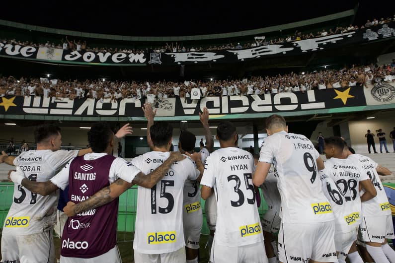 Curitiba, Brazil. 11th Nov, 2024. PR &#8211; CURITIBA &#8211; 11/11/2024 &#8211; BRAZILIAN B 2024, CORITIBA x SANTOS &#8211; Santos players celebrate the victory with the fans at the end of the match against Coritiba at the Couto Pereira stadium for the Brazilian B 2024 champion