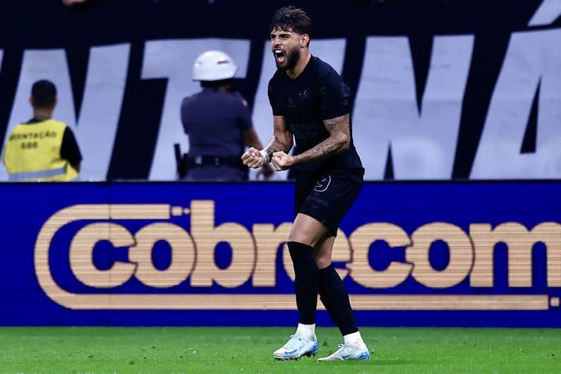 Yuri Alberto jogador do Corinthians comemora seu gol durante partida contra o Palmeiras no estadio Arena Corinthians pelo campeonato Brasileiro A 2024. Foto: Marcello Zambrana/AGIF