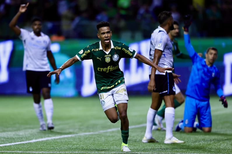 Resultados do futebol: Estêvão comemora gol do Palmeiras sobre o Grêmio (Foto: Marcello Zambrana/AGIF)