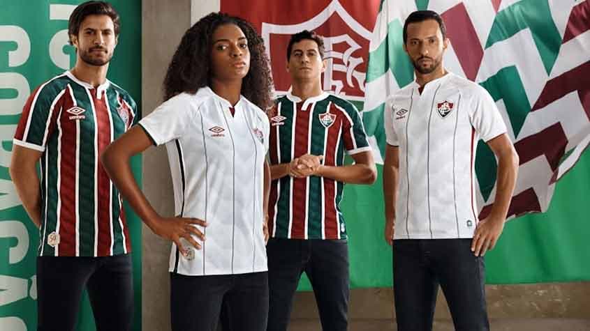 Luany, Ganso, Nenê e Hudson vestindo os novos uniformes do Fluminense (Foto: Divulgação/FFC)