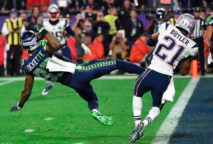 Passe interceptado de Russel Wilson no Super Bowl XLIX entre Seahawks e Patriots (Foto: AFP)