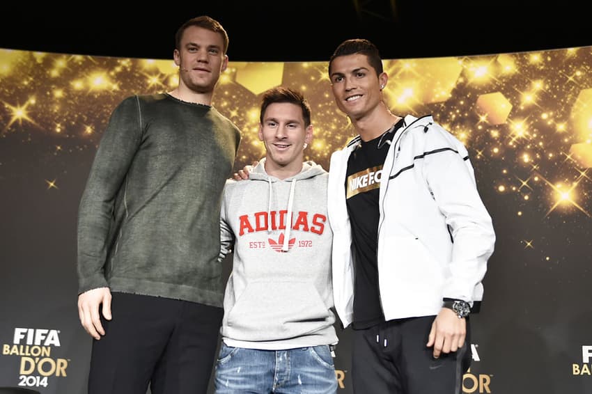 Manuel Neuer, Messi e Cristiano Ronaldo - Bola de Ouro (Foto: AFP)