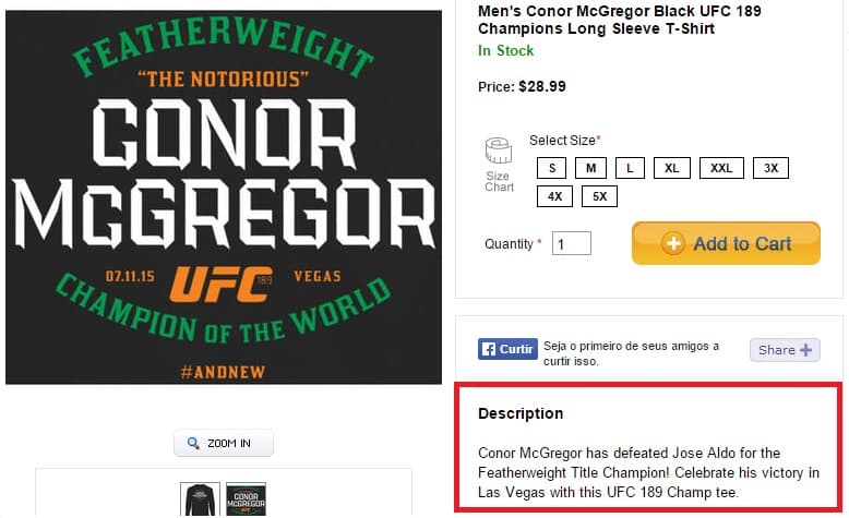 Descrição de produto anuncia vitória de McGregor contra Aldo (FOTO: Reprodução)