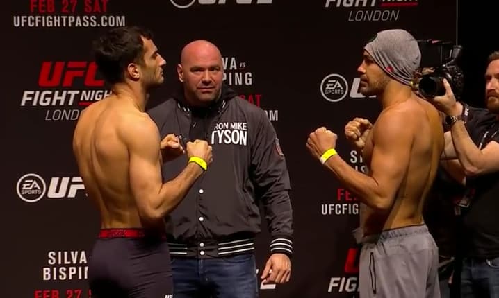 Thales encara Mousasi em pesagem (FOTO: Reprodução)