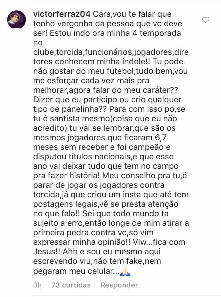 Victor Ferraz respondendo um torcedor no Instagram