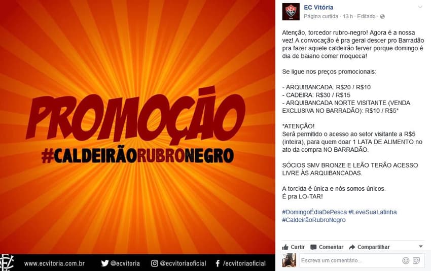 Promoção de ingressos para Vitória x Bahia