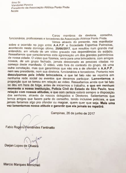 Pedido de desculpas de policiais para a Ponte Preta