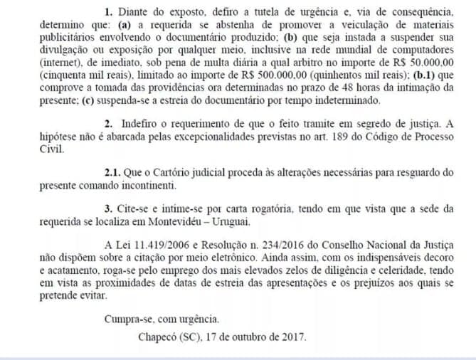 Decisão da Justiça é favorável ao pedido da Chapecoense