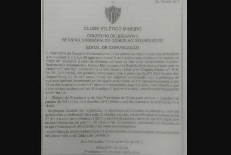Edital de convocação da eleição presidencial do Atlético foi publicado nesta sexta-feira