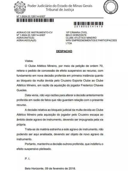 Despacho assinado pelo desembargador Álvares Cabral Silva