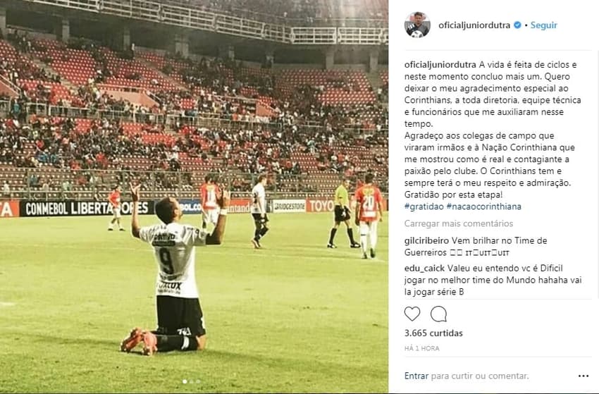 Júnior Dutra publica mensagem de despedida do Corinthians