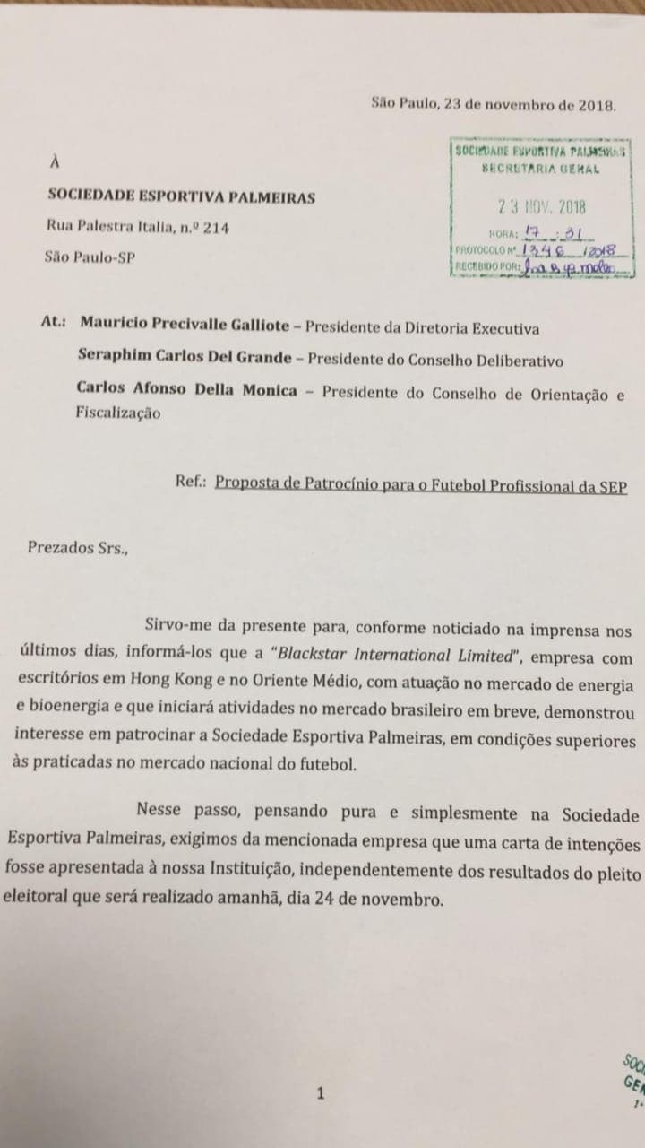 Oposição do Palmeiras protocolou carta com intenção de patrocínio