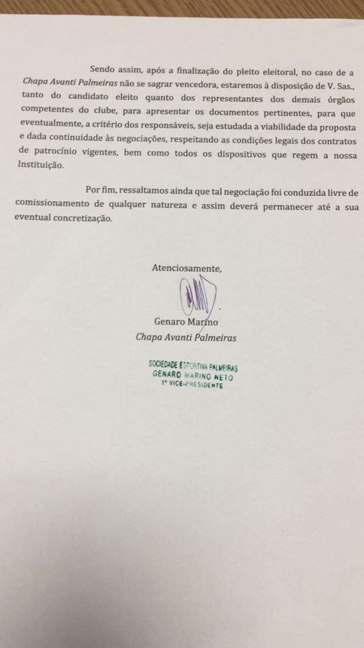 Oposição do Palmeiras protocolou carta com intenção de patrocínio