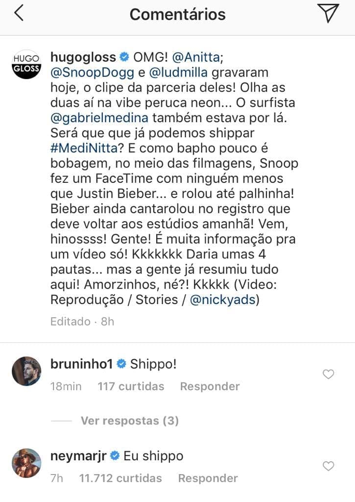 Neymar shippa relação de Anitta e Medina