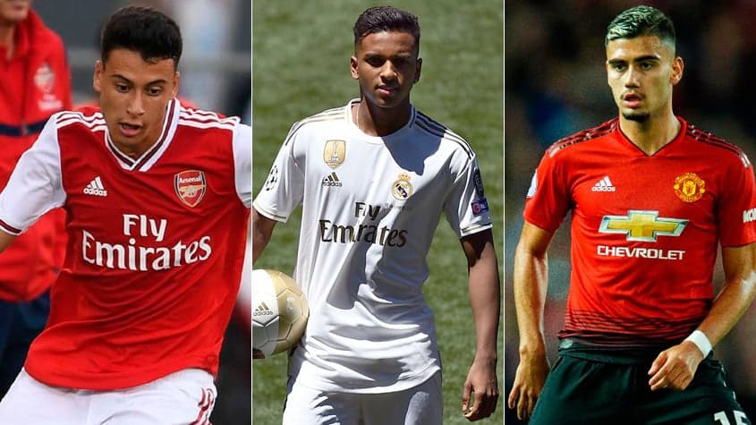 Montagem - Gabriel Martinelli (Arsenal), Rodrygo (Real Madrid) e Andreas Pereira (Manchester United)