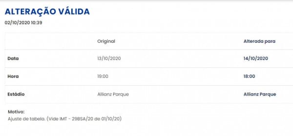 Ajuste tabela Palmeiras x Coritiba