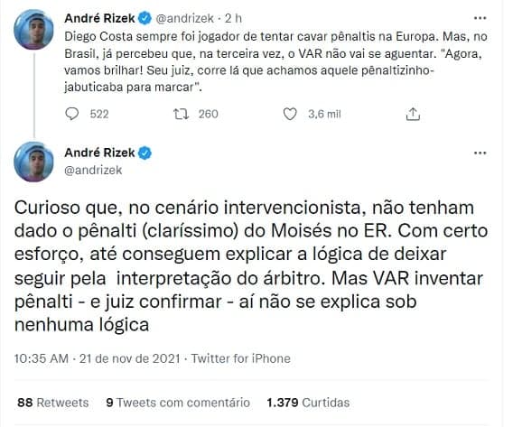 Rizek sobre Diego Costa, no Twitter