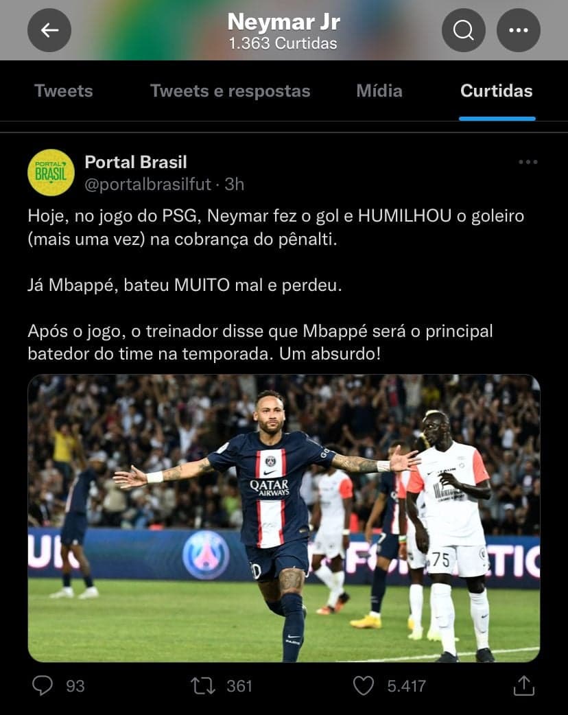 Neymar curte tweets com críticas a Mbappé