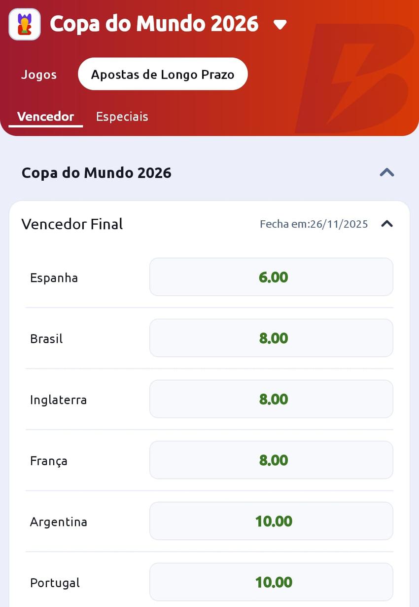 Captura de tela da página de apostas de longo prazo na Copa do Mundo na Betano.