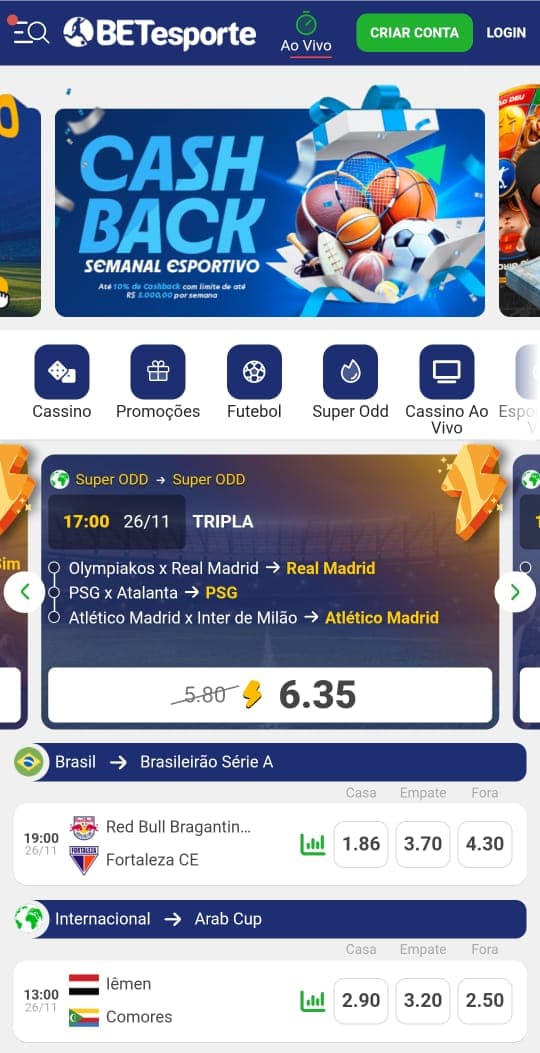 Captura de página inicial da BETesporte com informações do cashback esportivo e jogos do brasileirão.