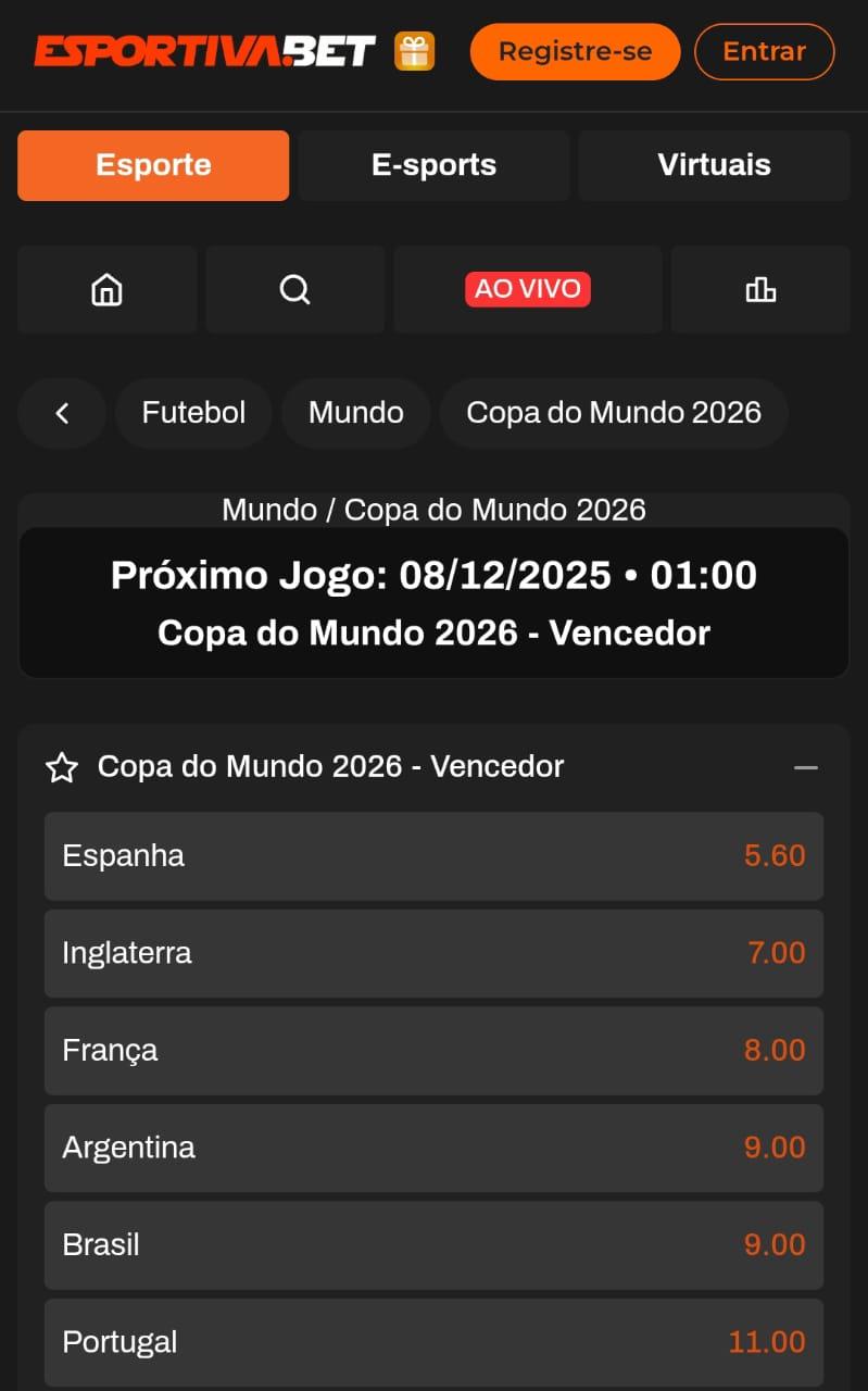 Captura de tela da Esportiva Bet com as opções de apostas de longo prazo na Copa do Mundo de 2026.