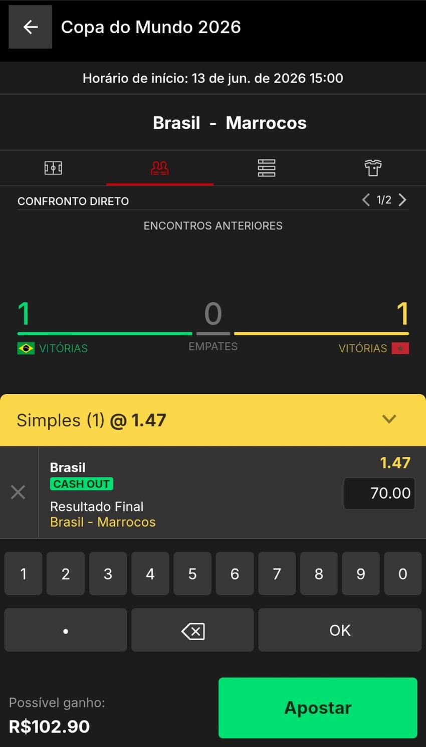 Captura de tela do bilhete de apostas na KTO na Copa do Mundo de 2026.