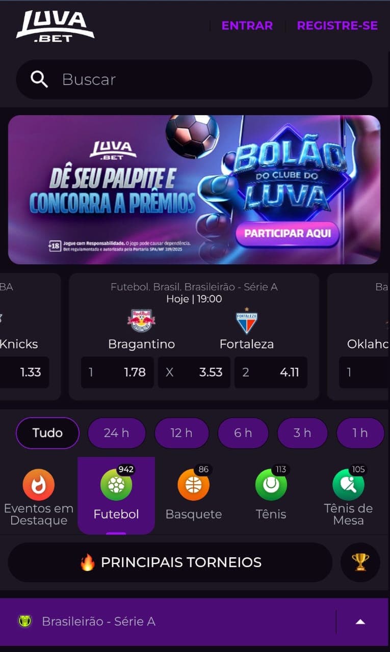 Captura de tela da página inicial da Luvabet com os jogos esportivos ativos.