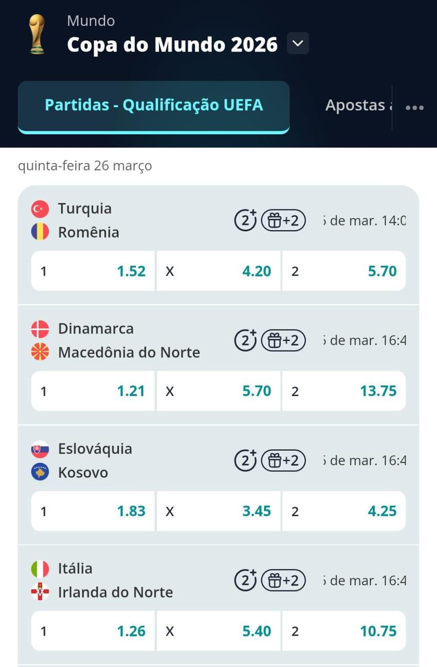 Captura de tela dos jogos das eliminatórias da Copa do Mundo de 2026 na Novibet.