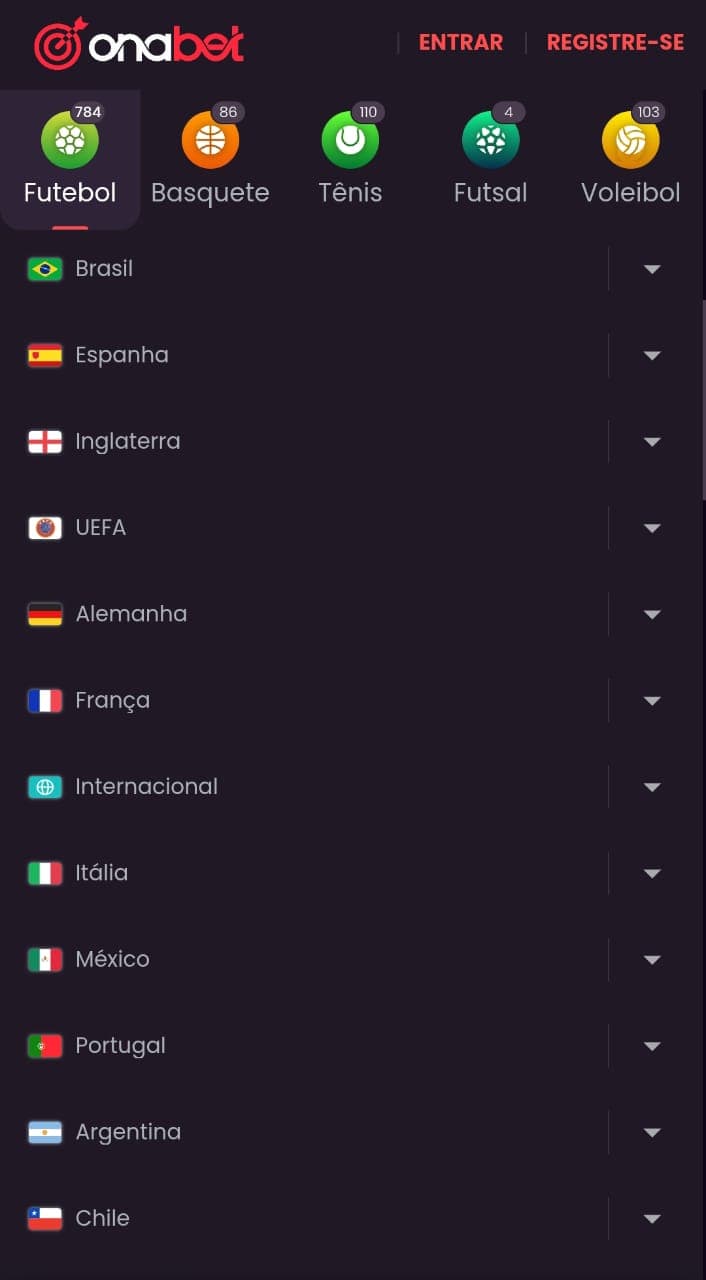 Captura de tela dos campeonatos disponíveis na Onabet para apostar em futebol.