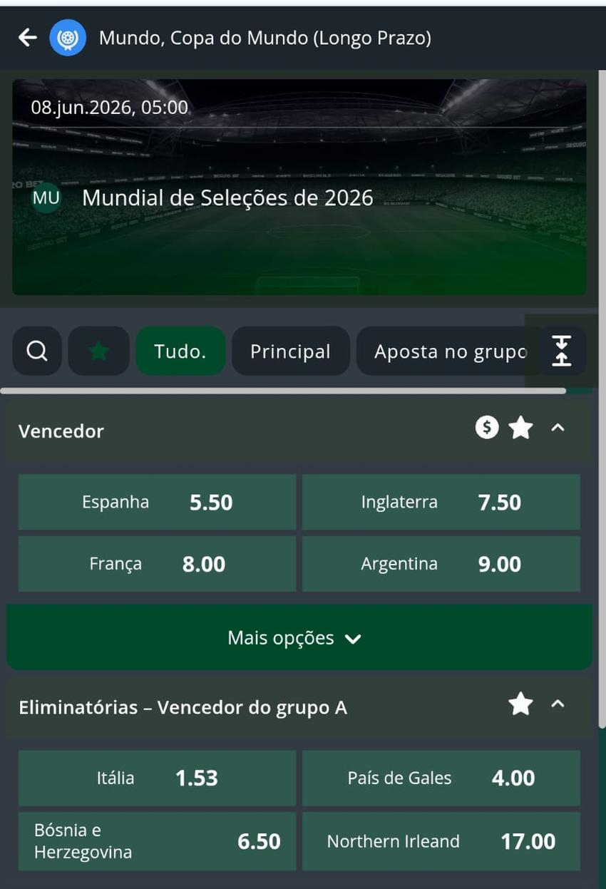 Captura de tela da Seguro Bet com os eventos esportivos da Copa e das Eliminatórias de 2026.