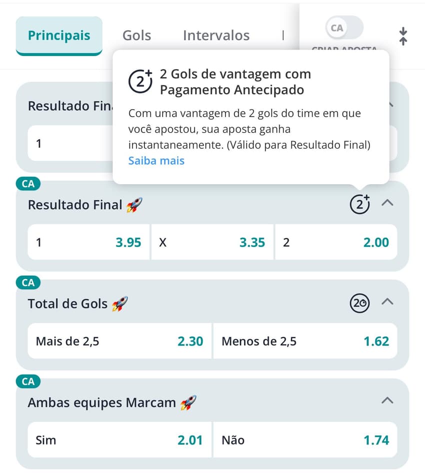 Captura de tela mostra o Pagamento Antecipado na Novibet.