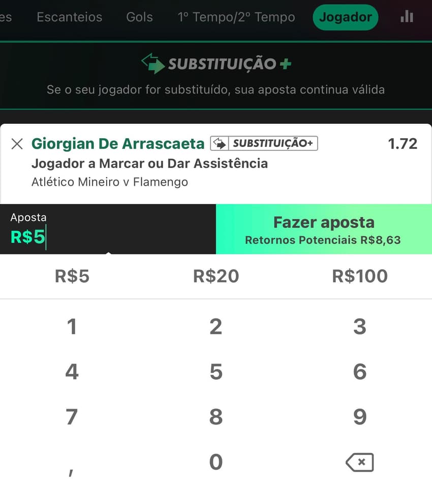 Captura de tela mostra o recurso de Substituição+ na bet365.