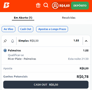 Captura de tela feita em 17/09/2025 mostra exemplo de cash out na Betano.